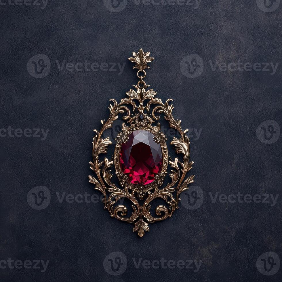 Ornate gold pendant with a large ruby gemstone on a dark background photo