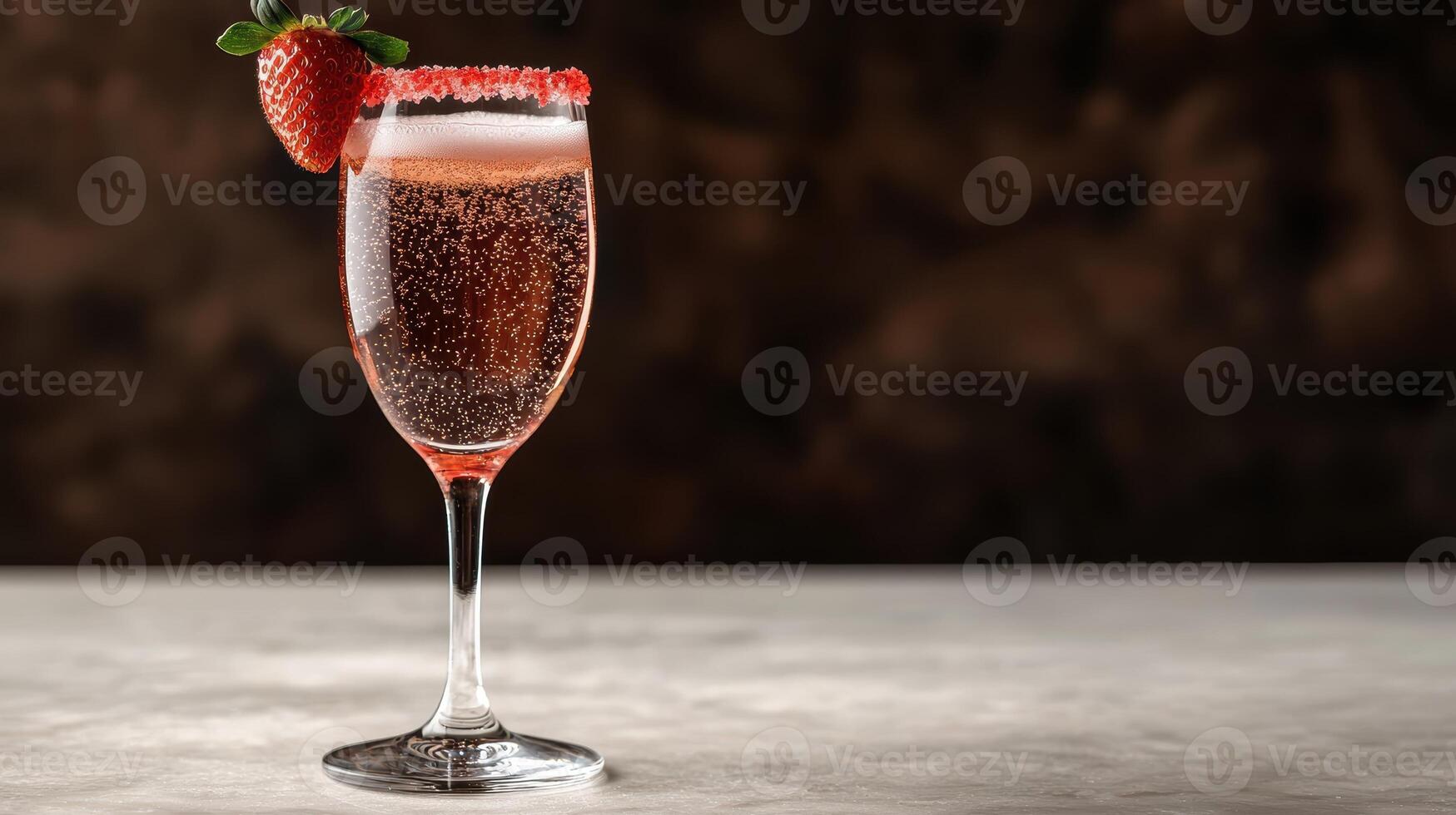 Elegant champagne flute with strawberry garnish and sugared rim photo