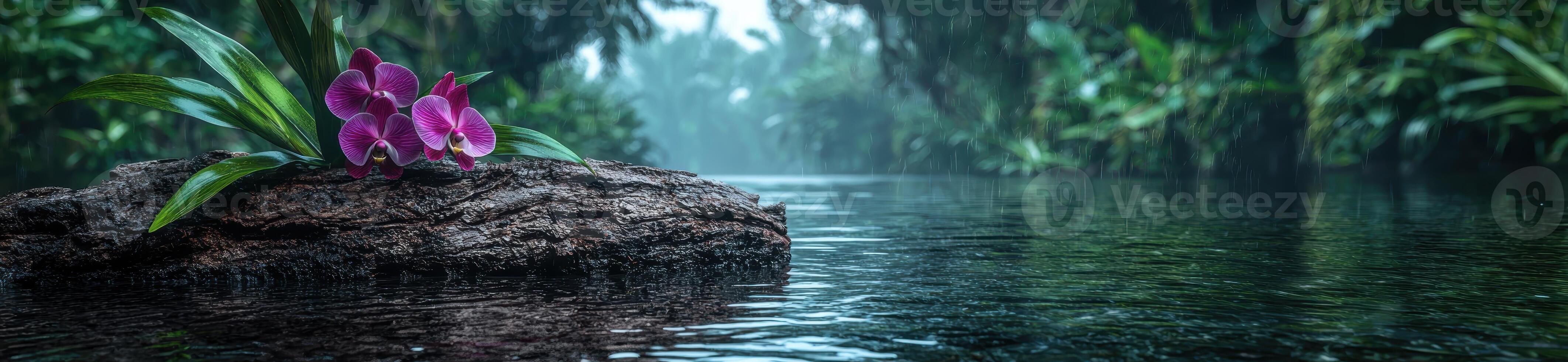 Orchids on a log in a tropical rainforest during a rainstorm photo