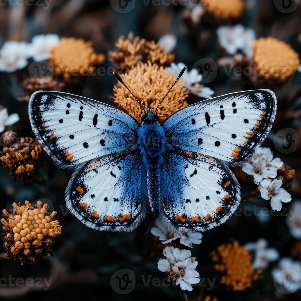 A vibrant butterfly rests on a flower in a garden photo