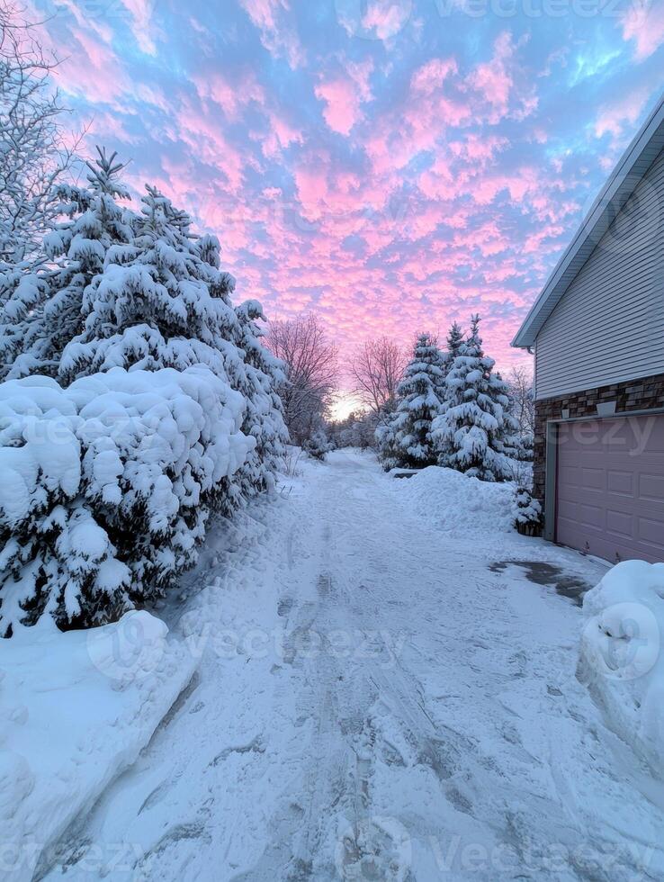 Snowy winter landscape with pink clouds at sunset photo