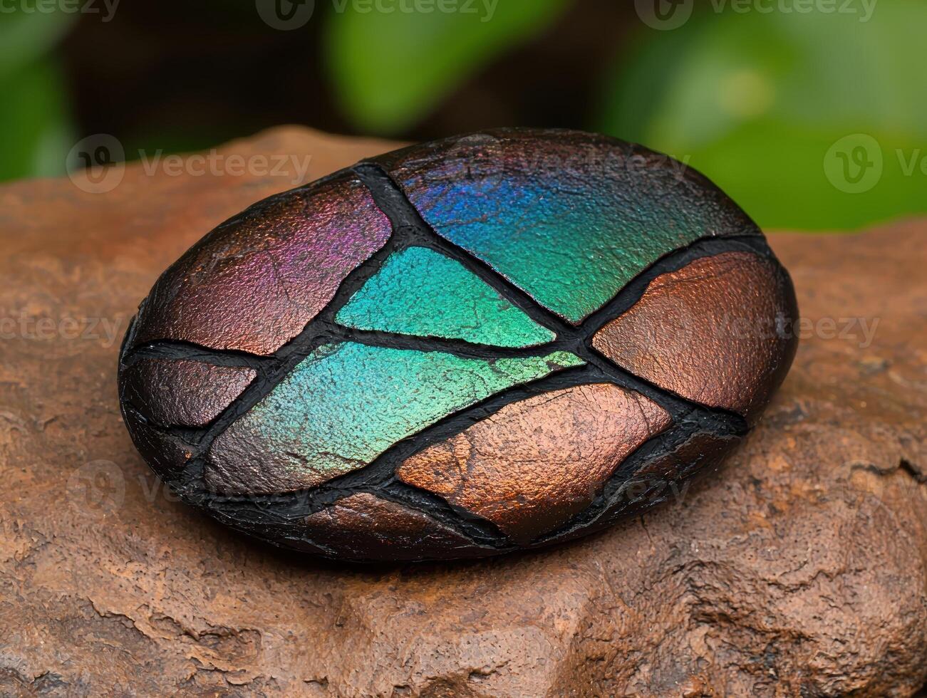 Iridescent stone with mosaic pattern on rock photo