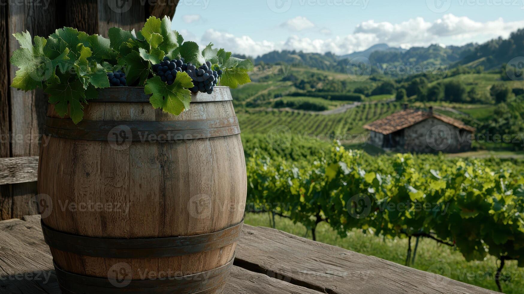 A wine barrel with grapes in a vineyard photo