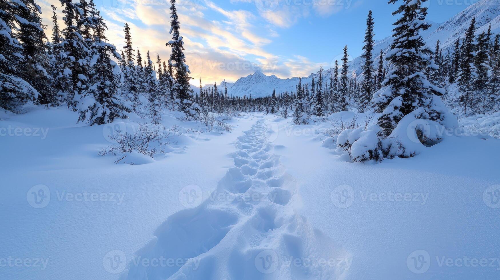 Snowy path through a winter forest landscape leading to mountains photo
