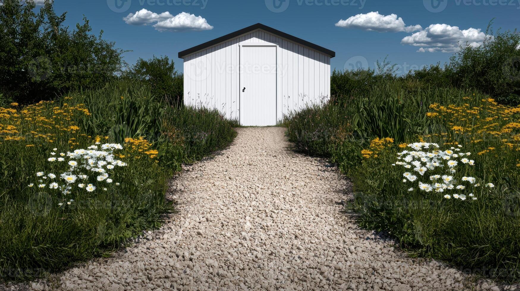 A gravel path leads to a white shed surrounded by wildflowers photo