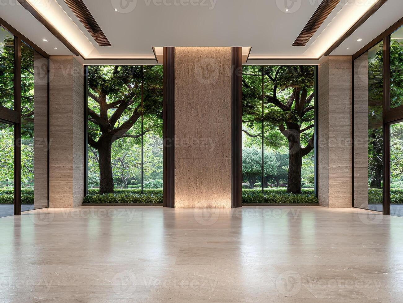 Modern lobby interior with large windows overlooking a garden photo