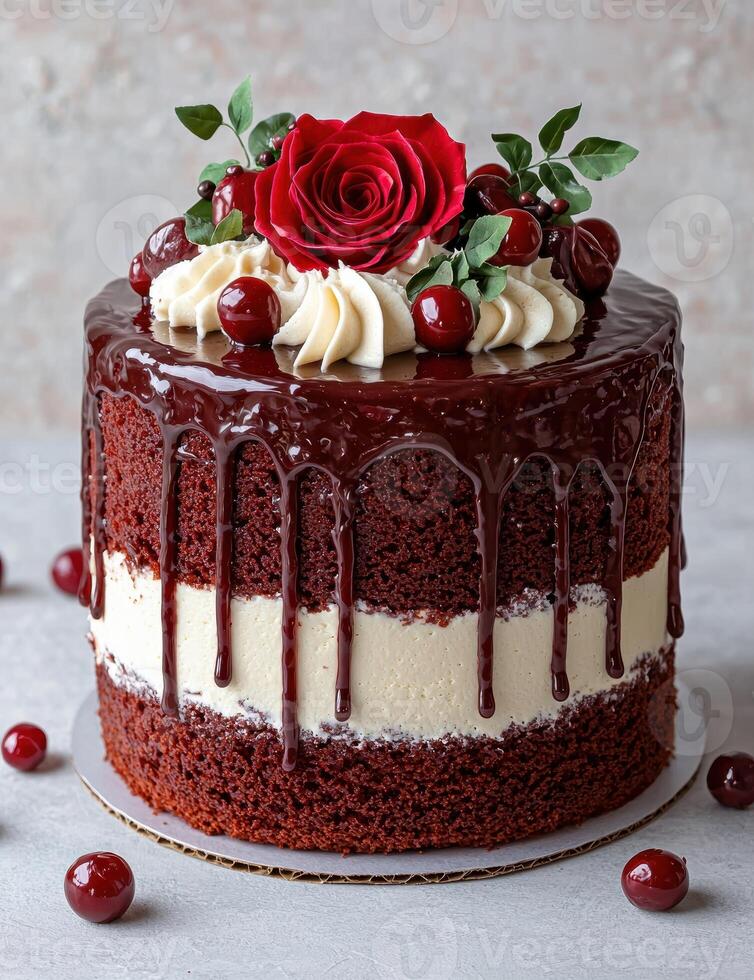 A decadent red velvet cake with chocolate ganache, cherries, and a red rose photo