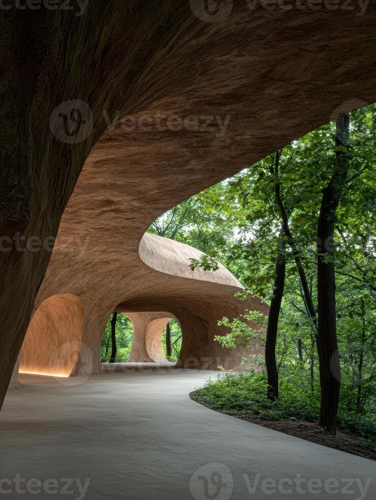 Modern architectural structure blending with nature in a forest setting photo