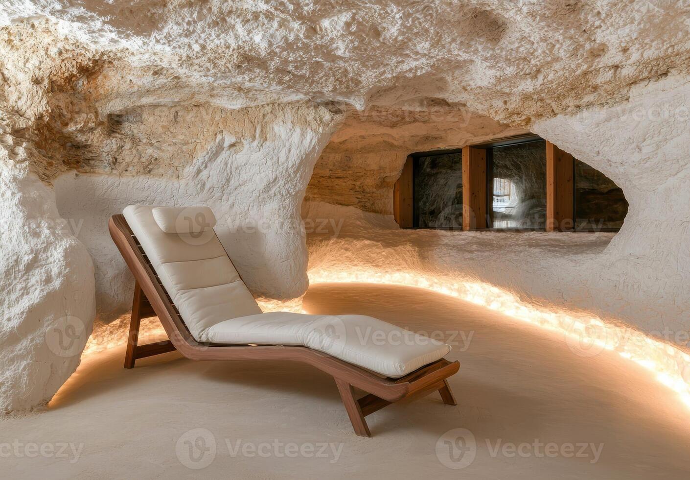 Relaxing lounge chair in a cave setting with ambient lighting photo