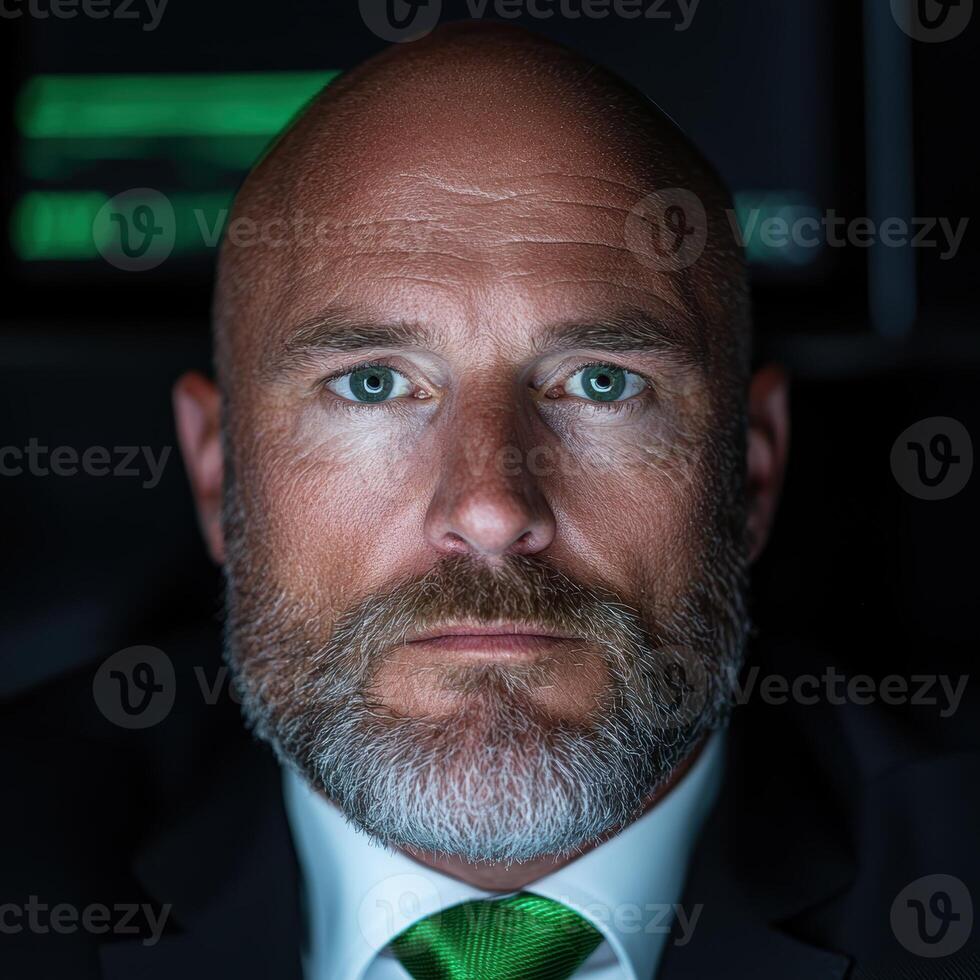 Intense portrait of a bald man with a beard wearing a suit and tie photo