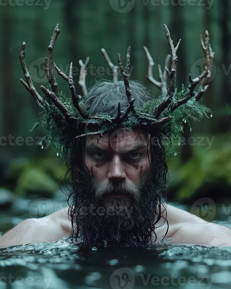A man with a beard and a crown of branches stands in a body of water photo