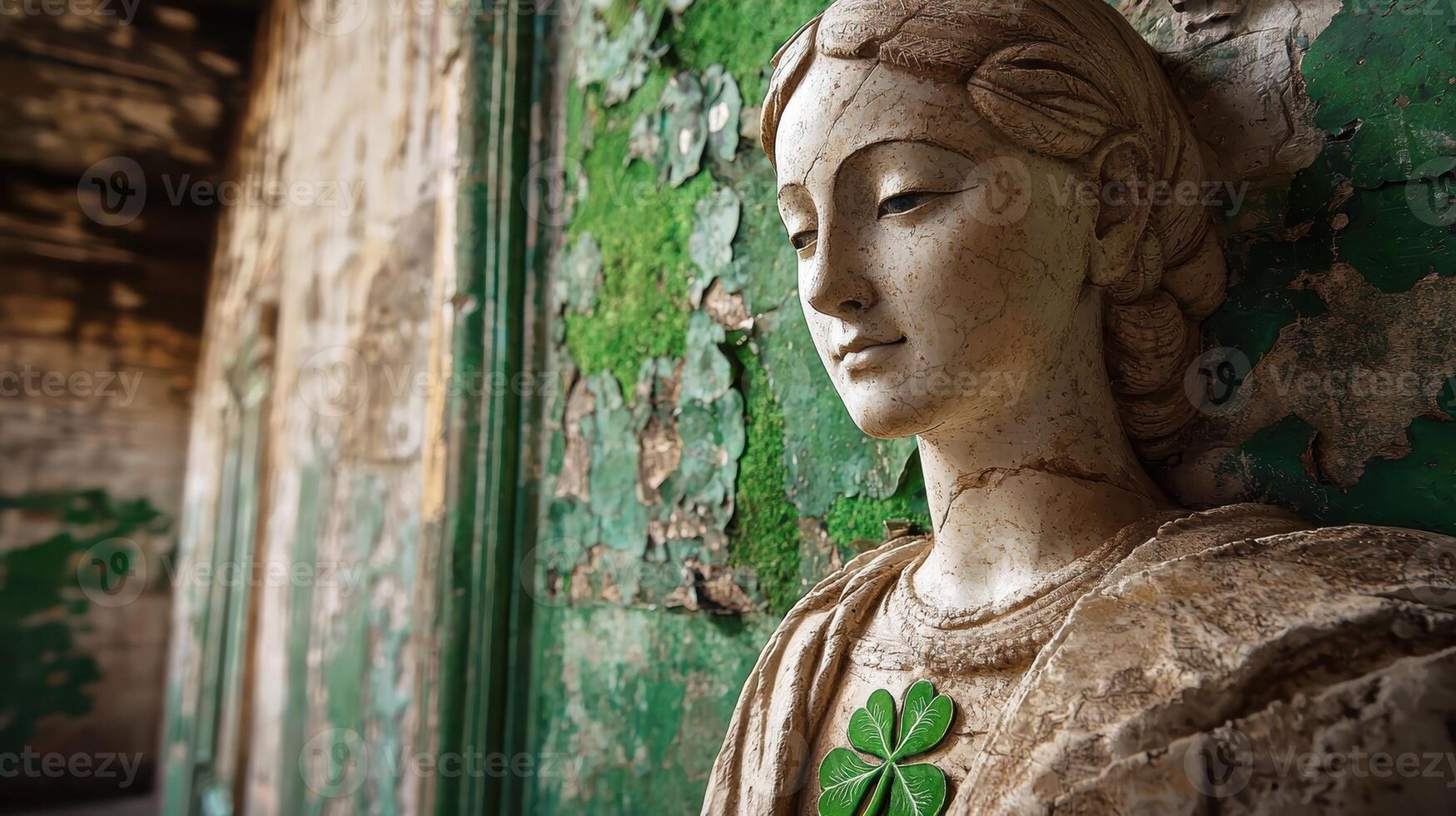 A weathered statue of a woman with a shamrock on her chest photo