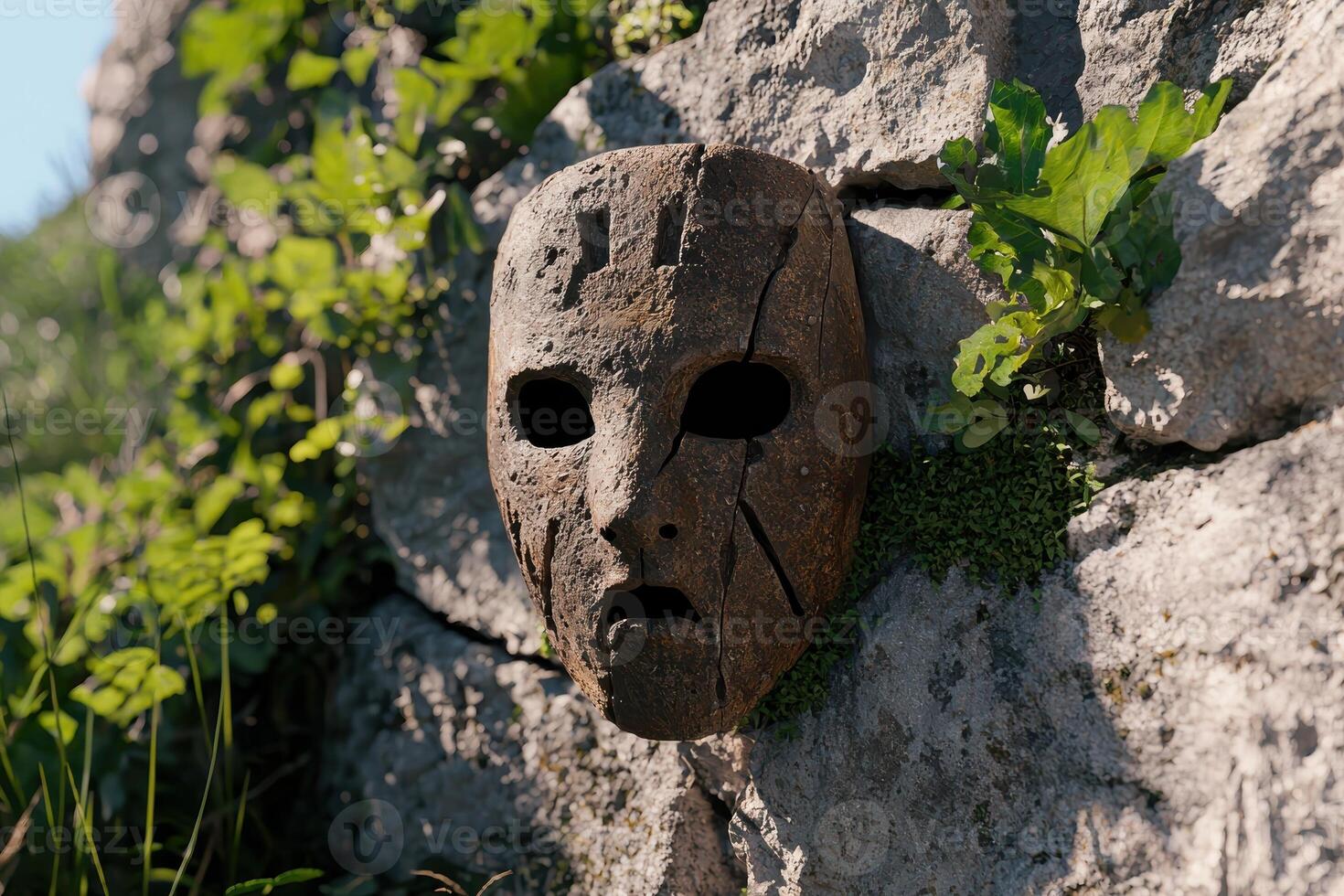An old cracked mask mounted on a stone wall covered with plants photo