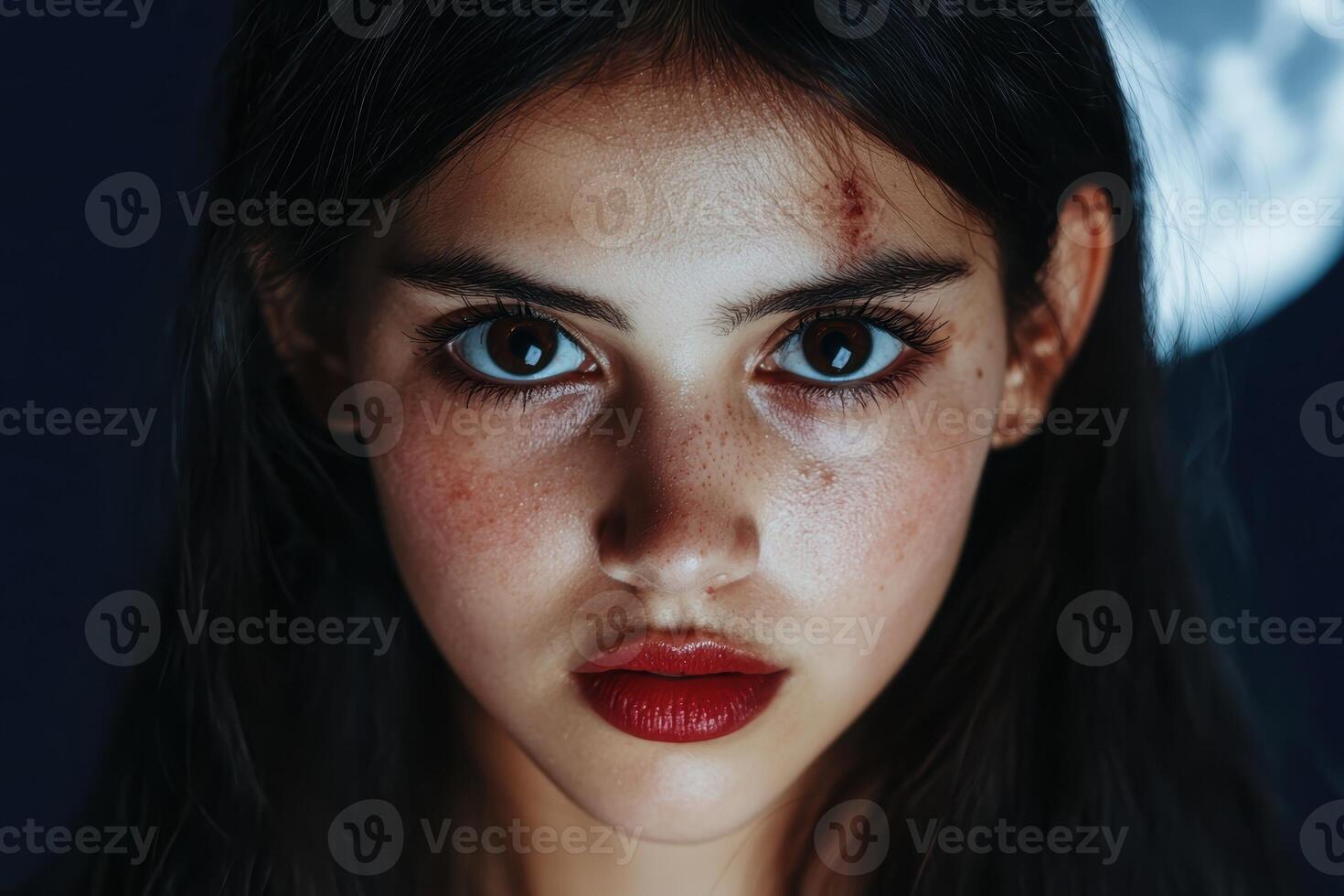 Close up portrait of a woman with intense gaze and striking features photo