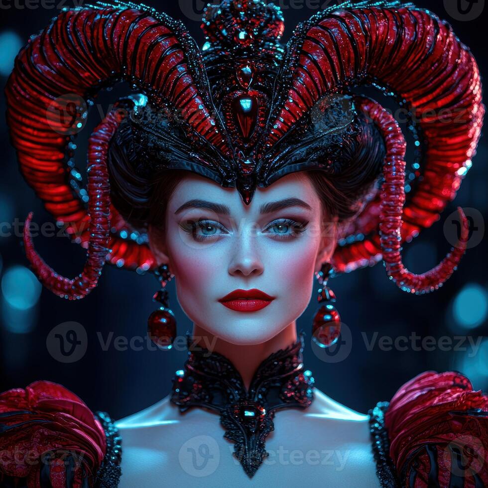 Portrait of a woman with elaborate red horns and jewelry photo
