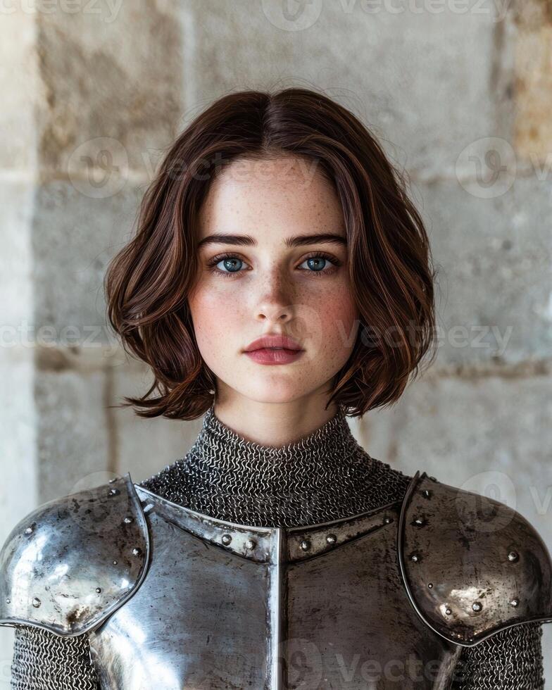A young woman wearing medieval armor photo