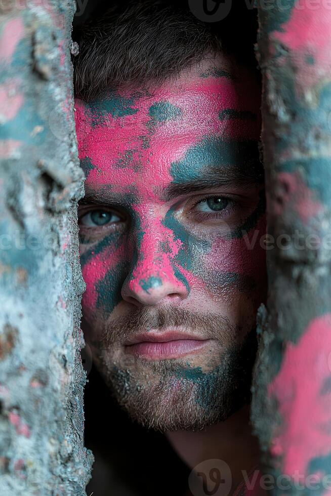 Man with face paint looking through a gap in a wall photo