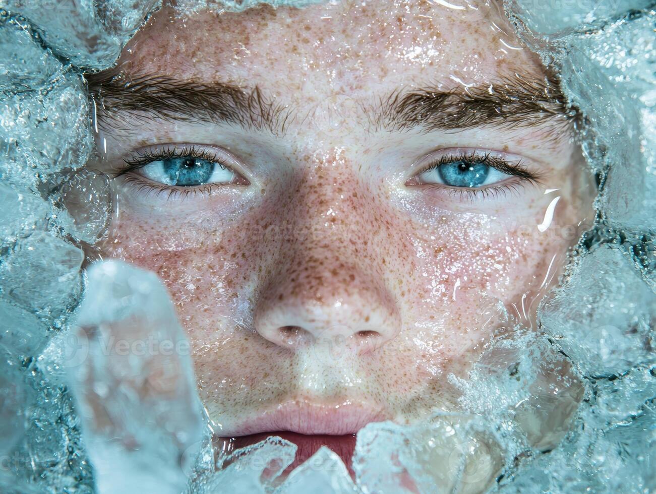Close up of a persons face surrounded by ice, showcasing freckles and blue eyes photo