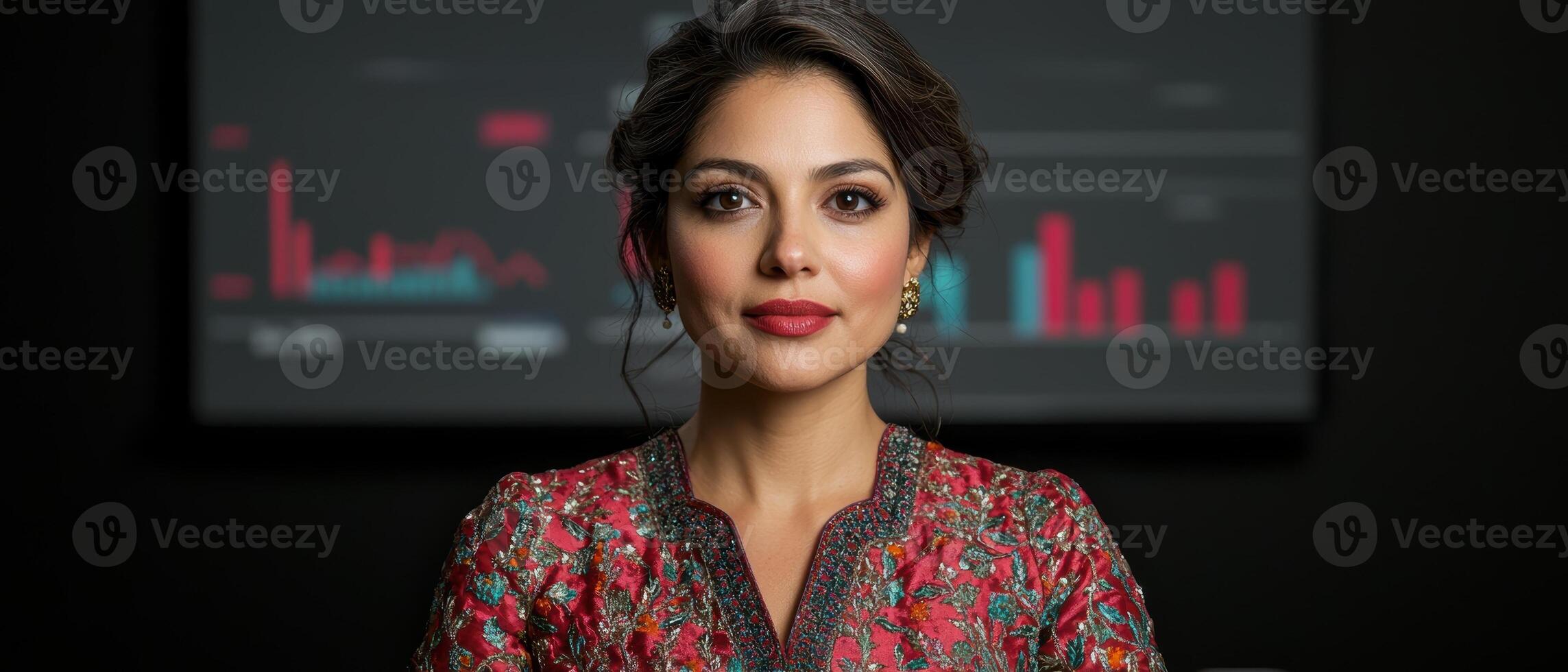 A businesswoman in front of a screen with financial data photo