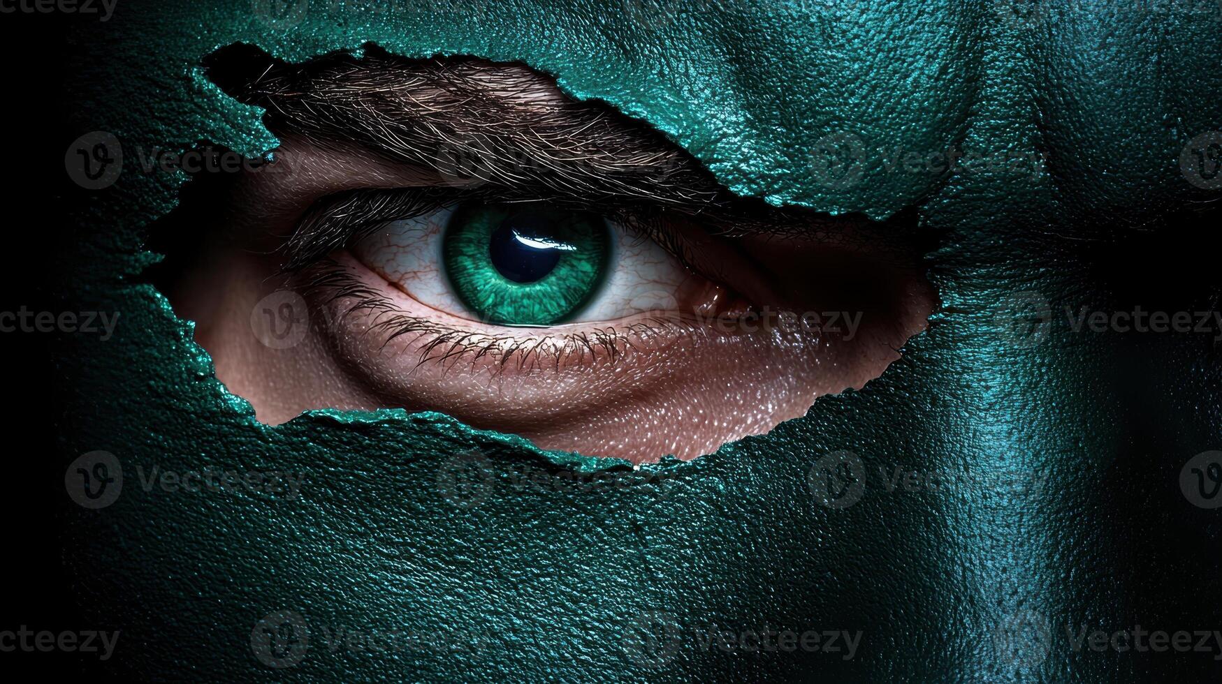 Intense green eye peeking through a torn mask photo