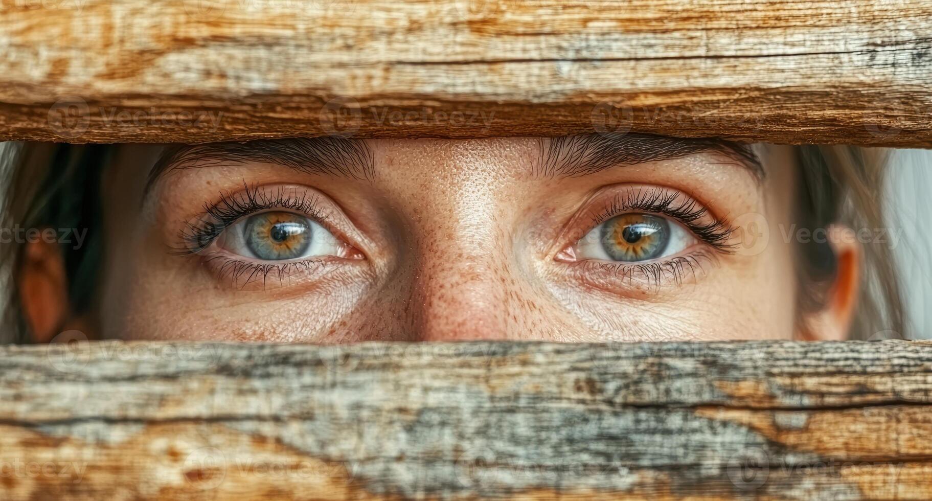 Close up of a womans eyes peering through wooden planks photo