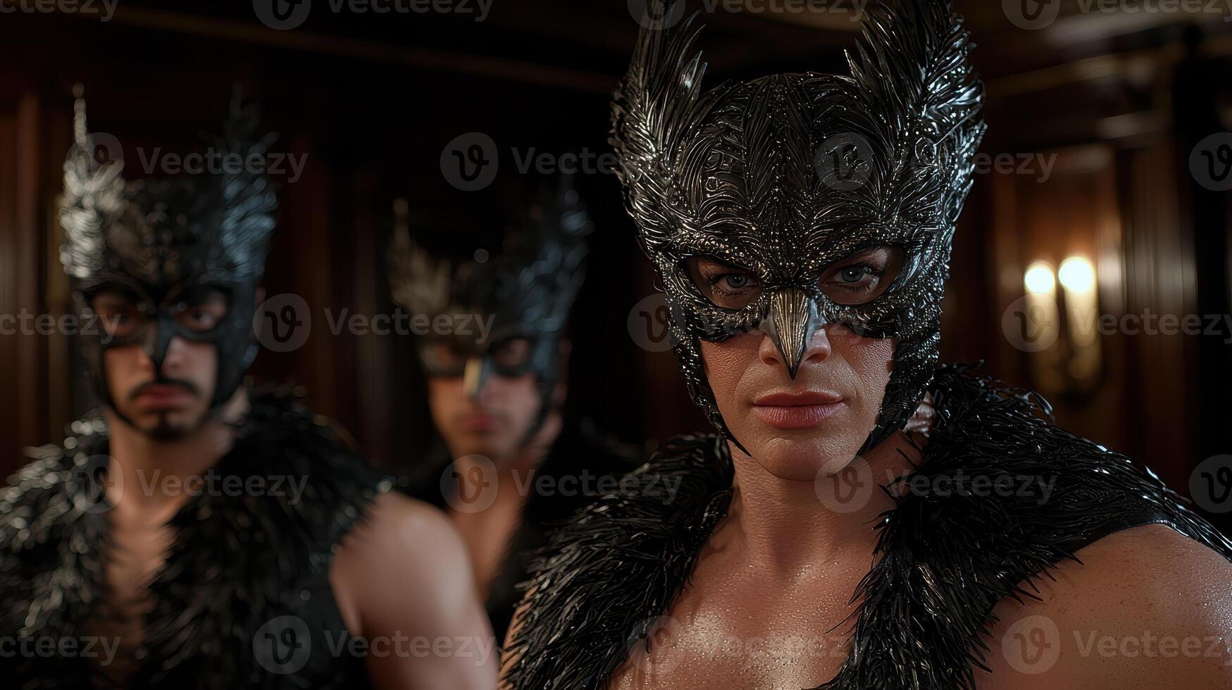 Three men wearing bird masks and feather collars photo