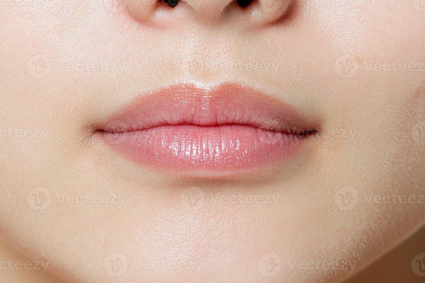 Close up of a womans lips with glossy lip balm photo