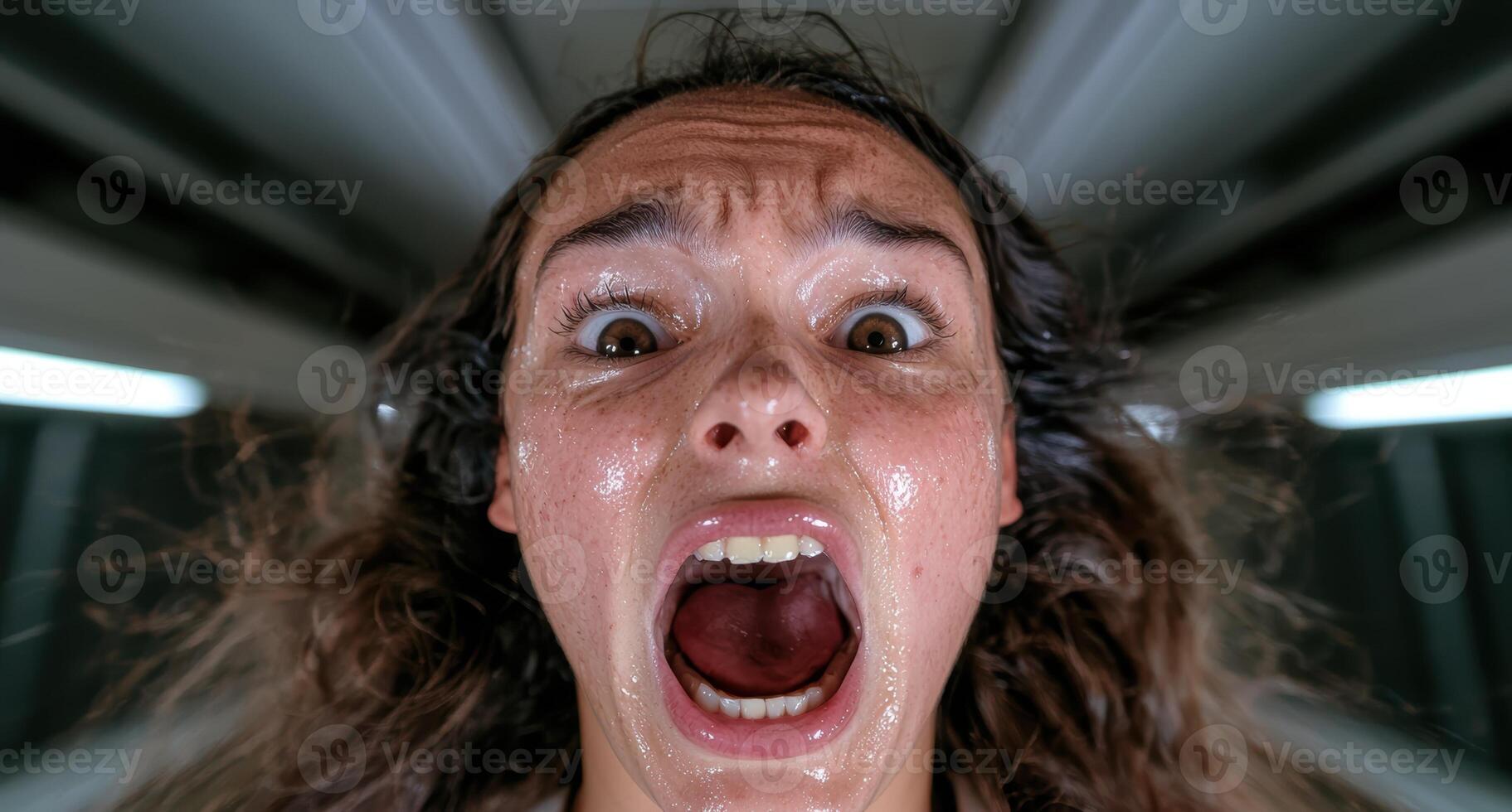 A woman screams in terror, her face covered in sweat photo