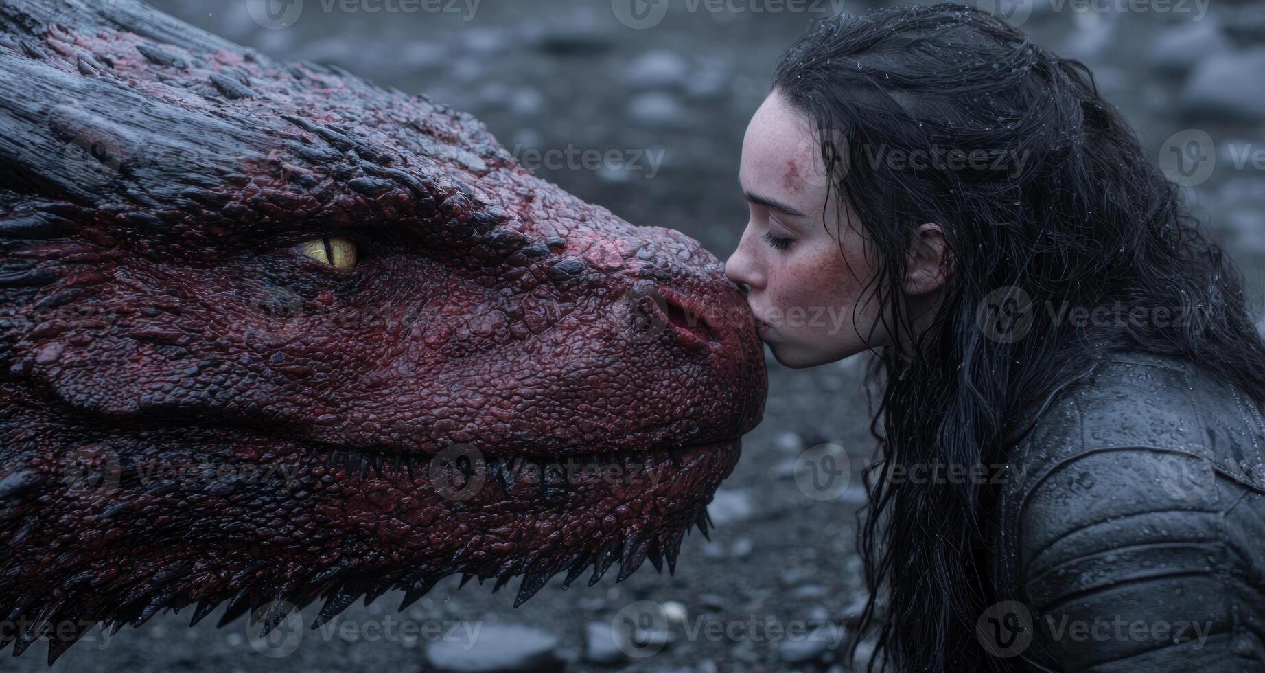 A young woman kisses a dragon on the nose photo