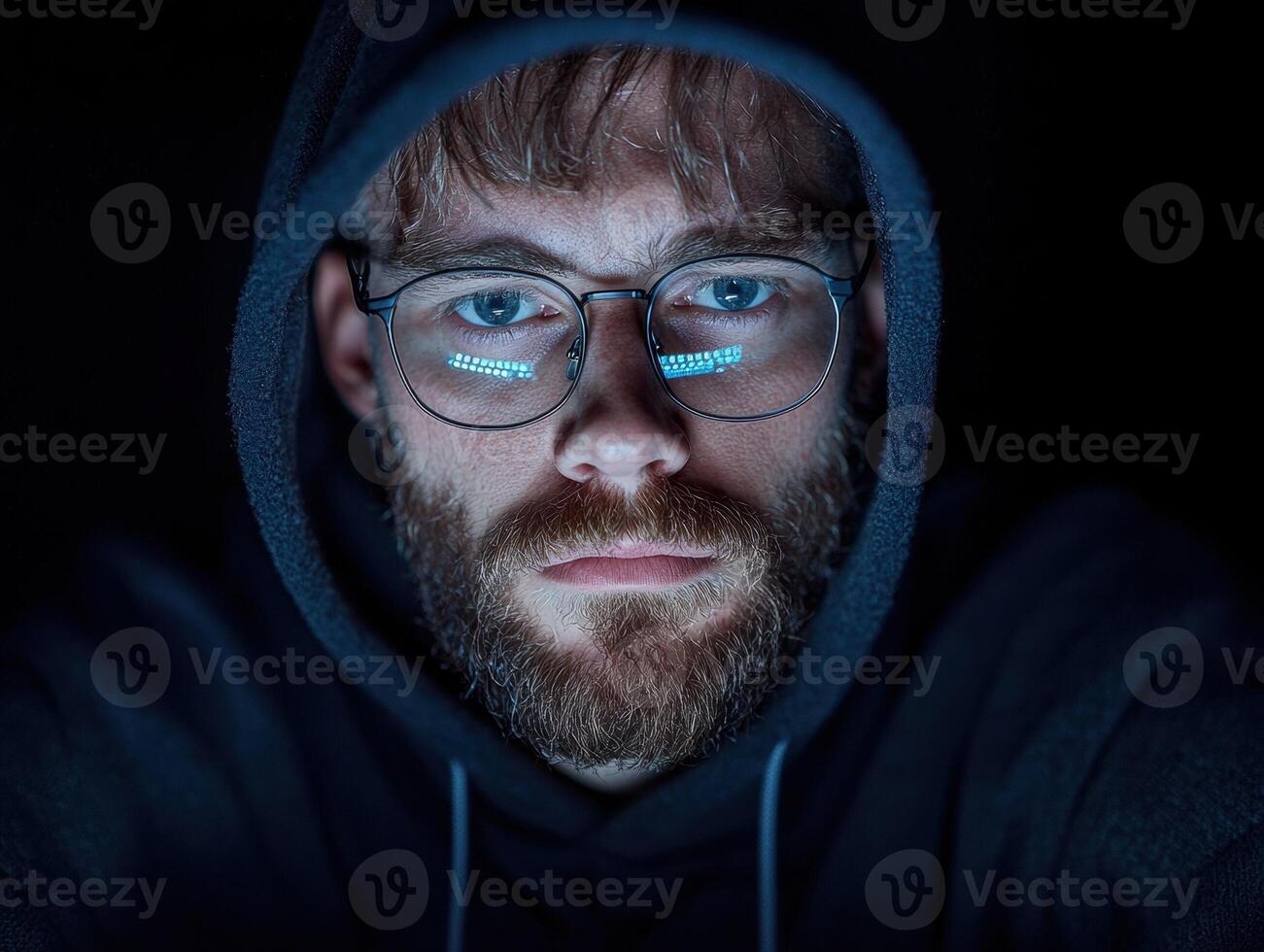 Man in hoodie with glasses looking at computer screen in the dark photo
