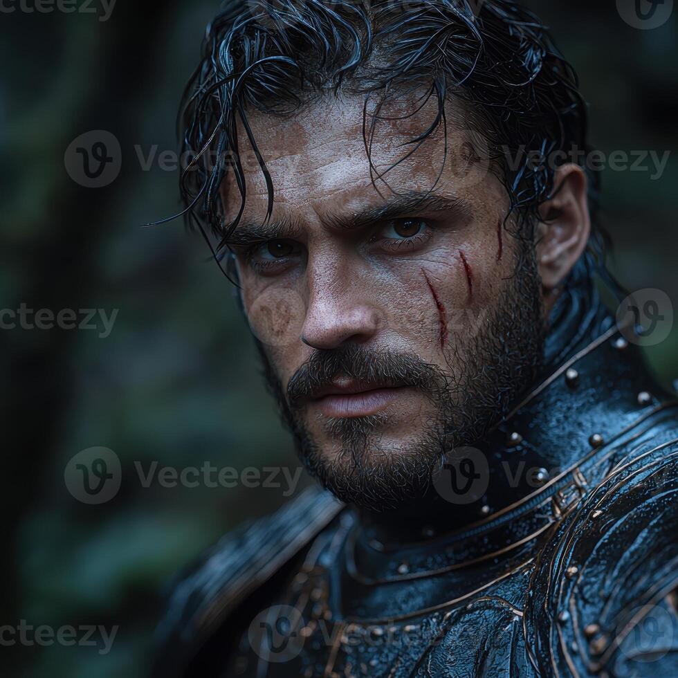 A warrior with battle scars in dark armor photo