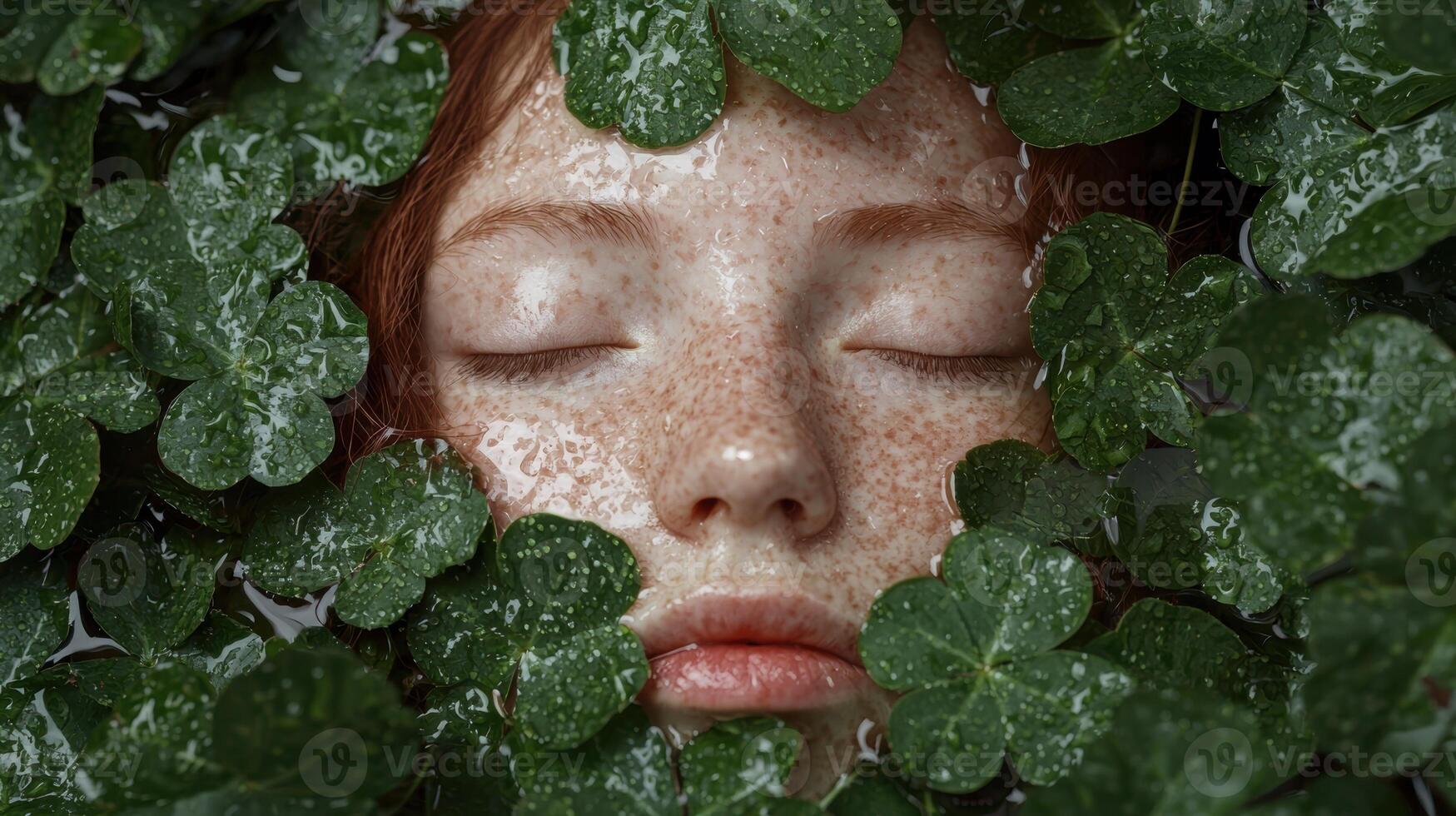 Womans face surrounded by clover leaves, eyes closed, freckled skin, and a serene expression photo