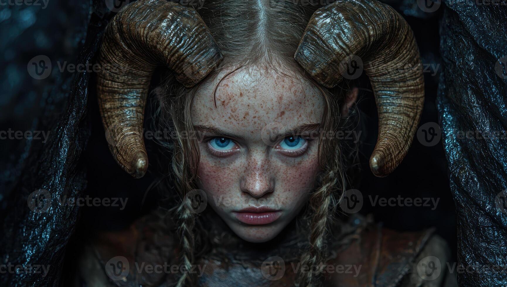 A young girl with horns stares intensely at the viewer photo