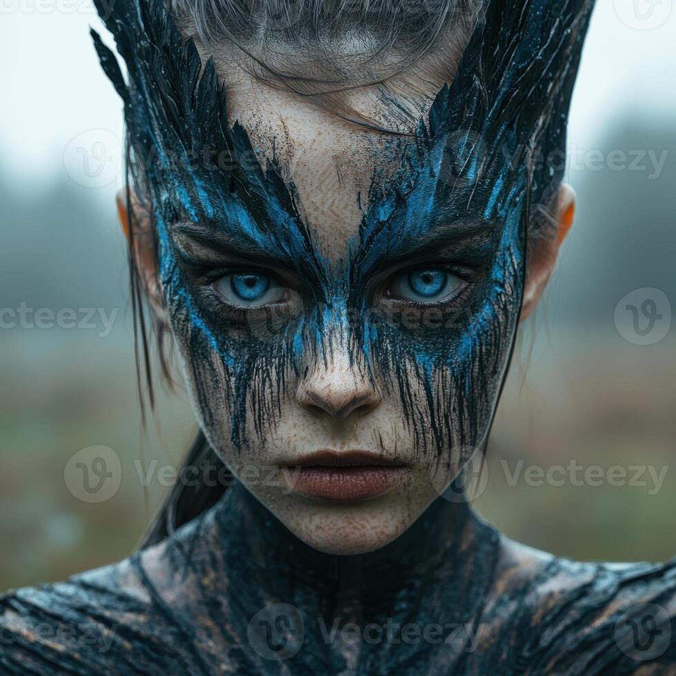 A woman with striking blue face paint stares intensely at the viewer photo