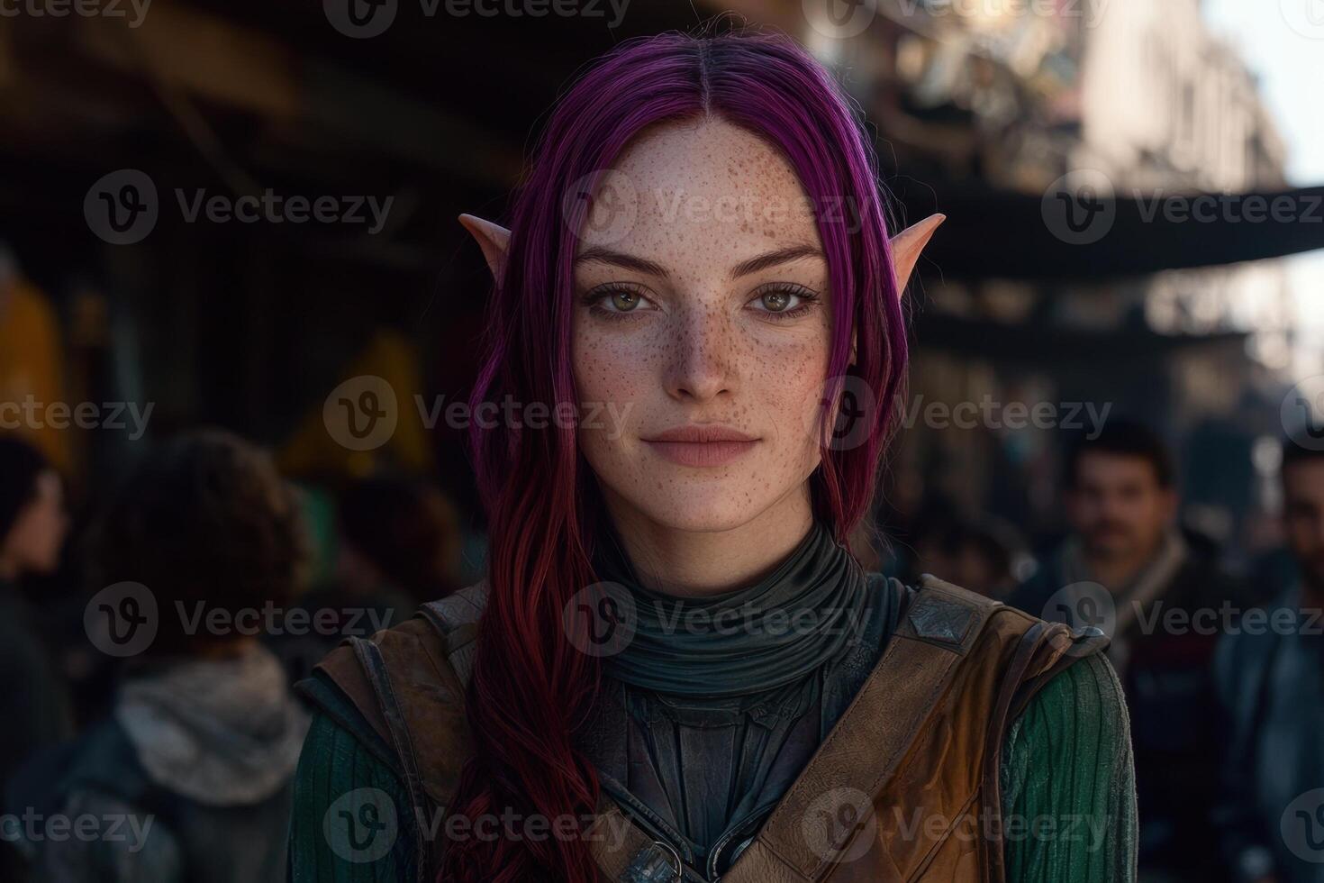 Portrait of a beautiful elf woman with purple hair photo