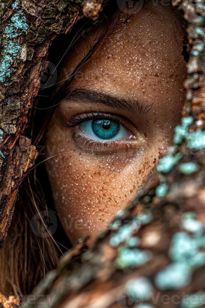 Close up of a womans eye peeking through a tree trunk photo