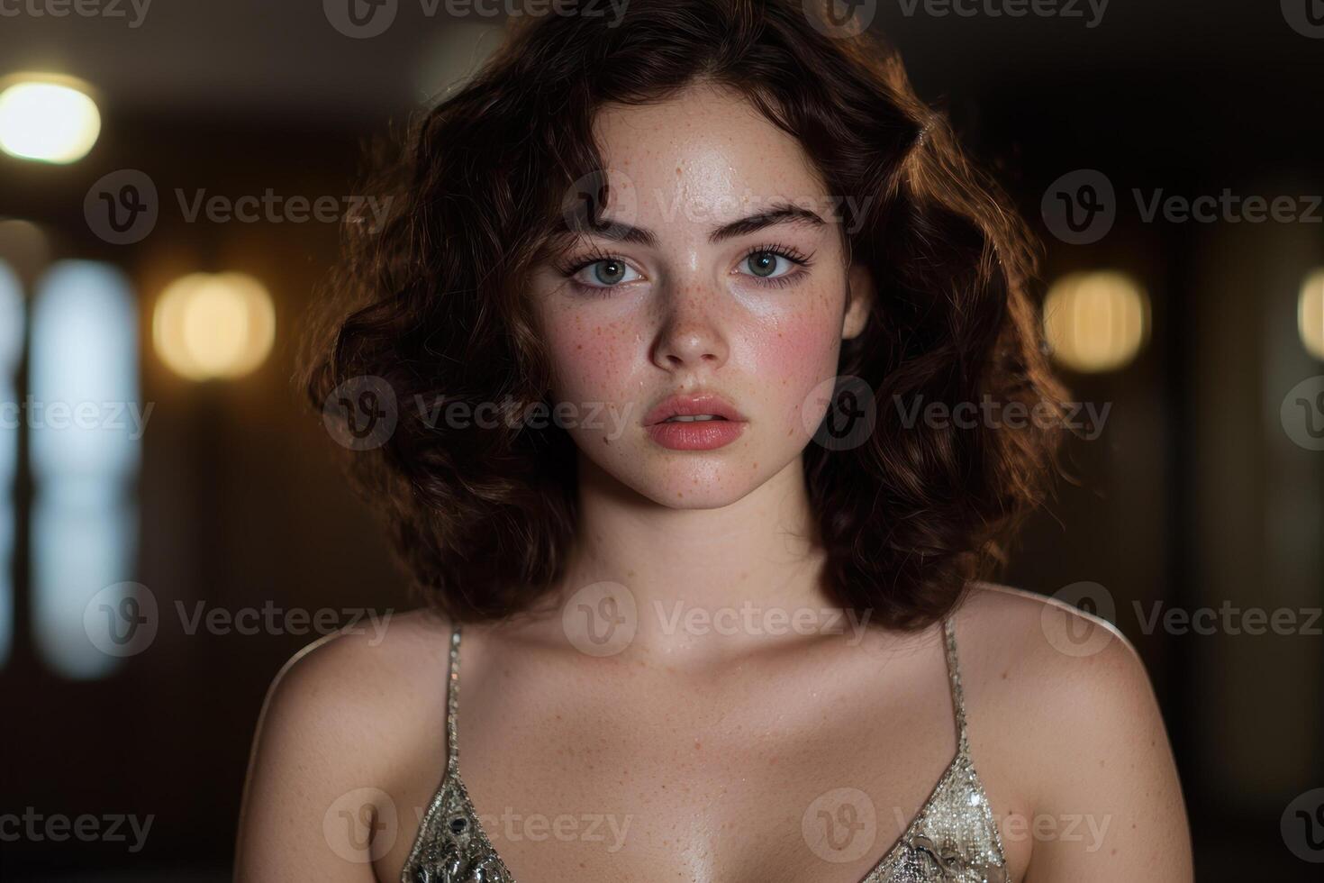 Portrait of a beautiful young woman with freckles and curly hair photo