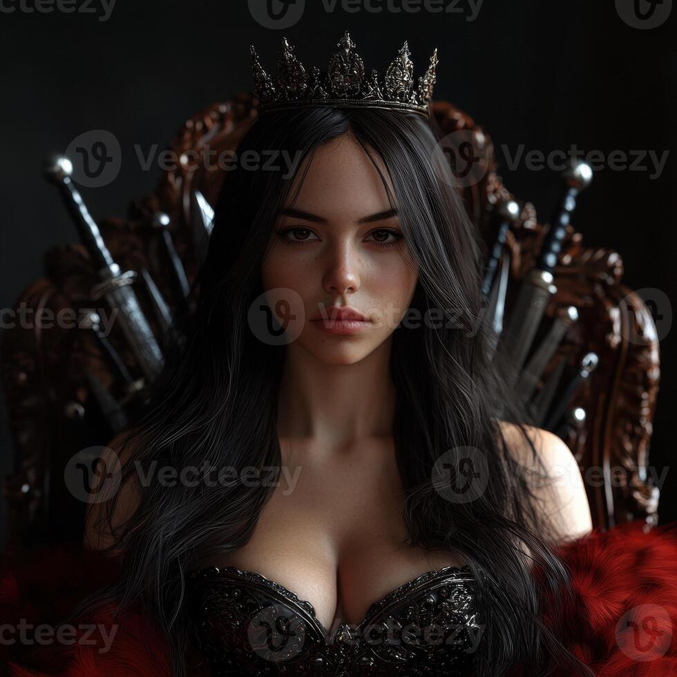 A queen sits on her throne adorned with swords photo