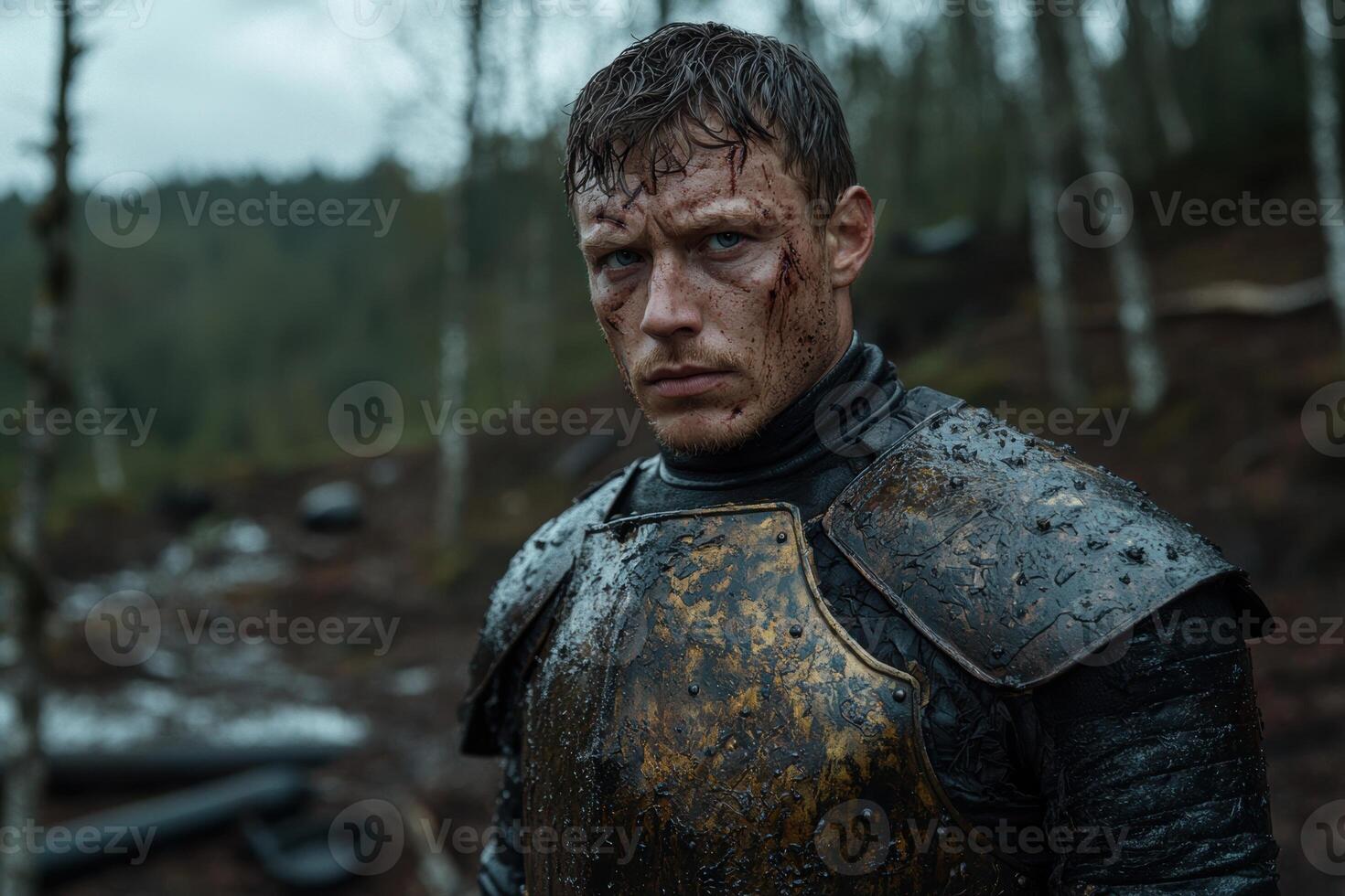 A determined warrior stands ready for battle in a forest setting photo