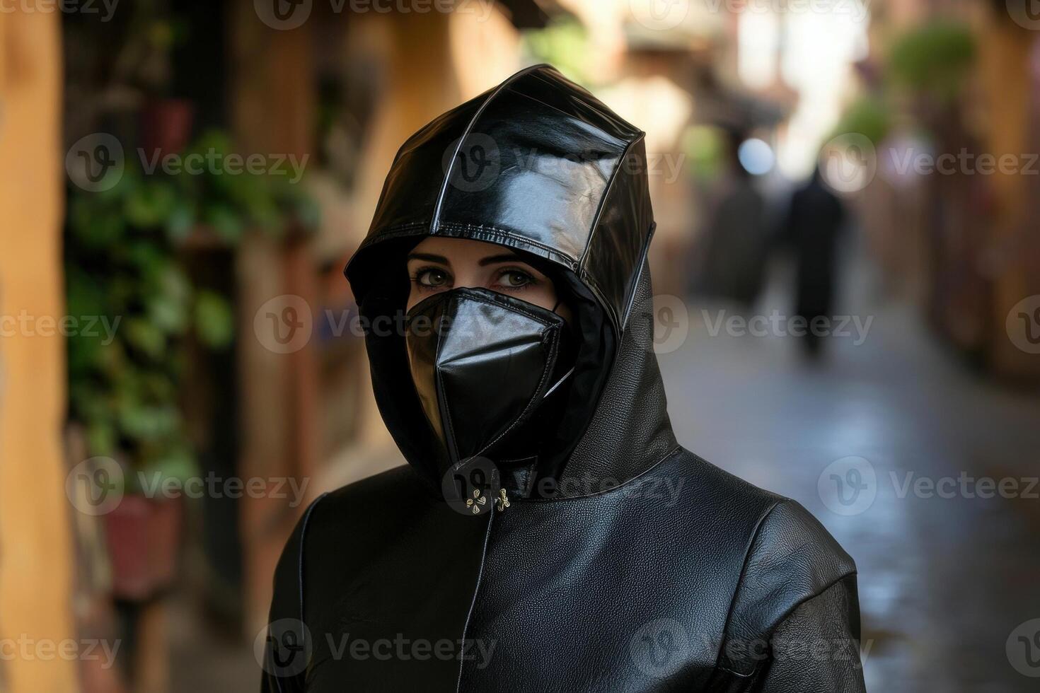 A person in a black hooded outfit and mask stands in an alleyway photo