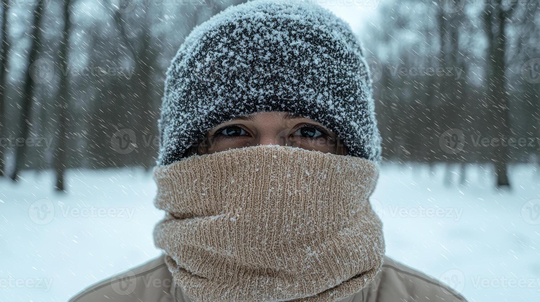 A person bundled up in winter clothing during a snowstorm photo