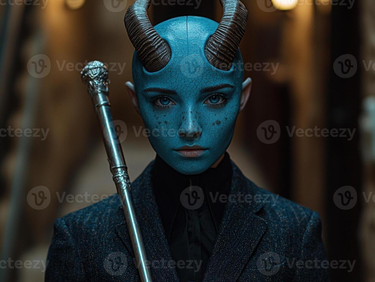 A blue skinned humanoid with horns poses with a cane photo