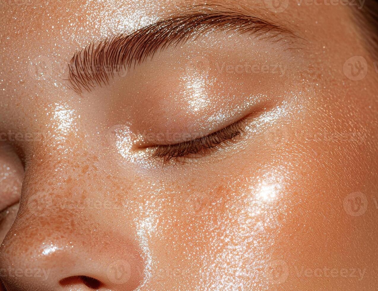 Close up of a womans face with glowing skin and closed eye photo