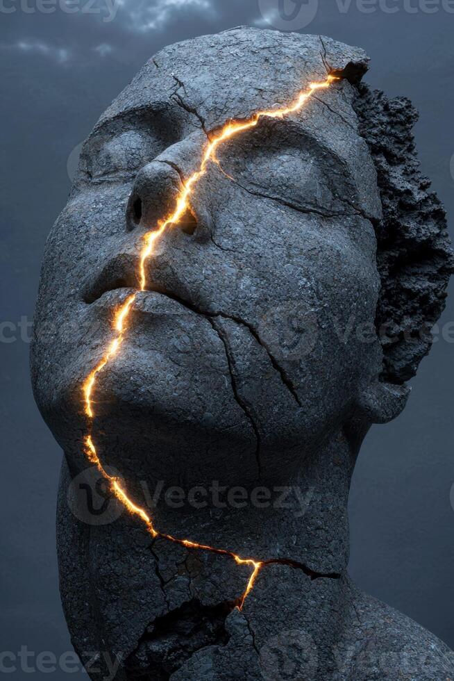 Cracked stone head with golden light photo