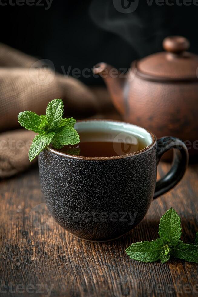 A cup of hot tea with mint and a teapot in the background photo
