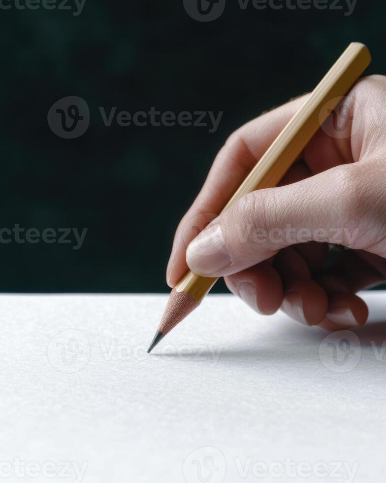 Hand writing on a blank sheet of paper with a pencil photo