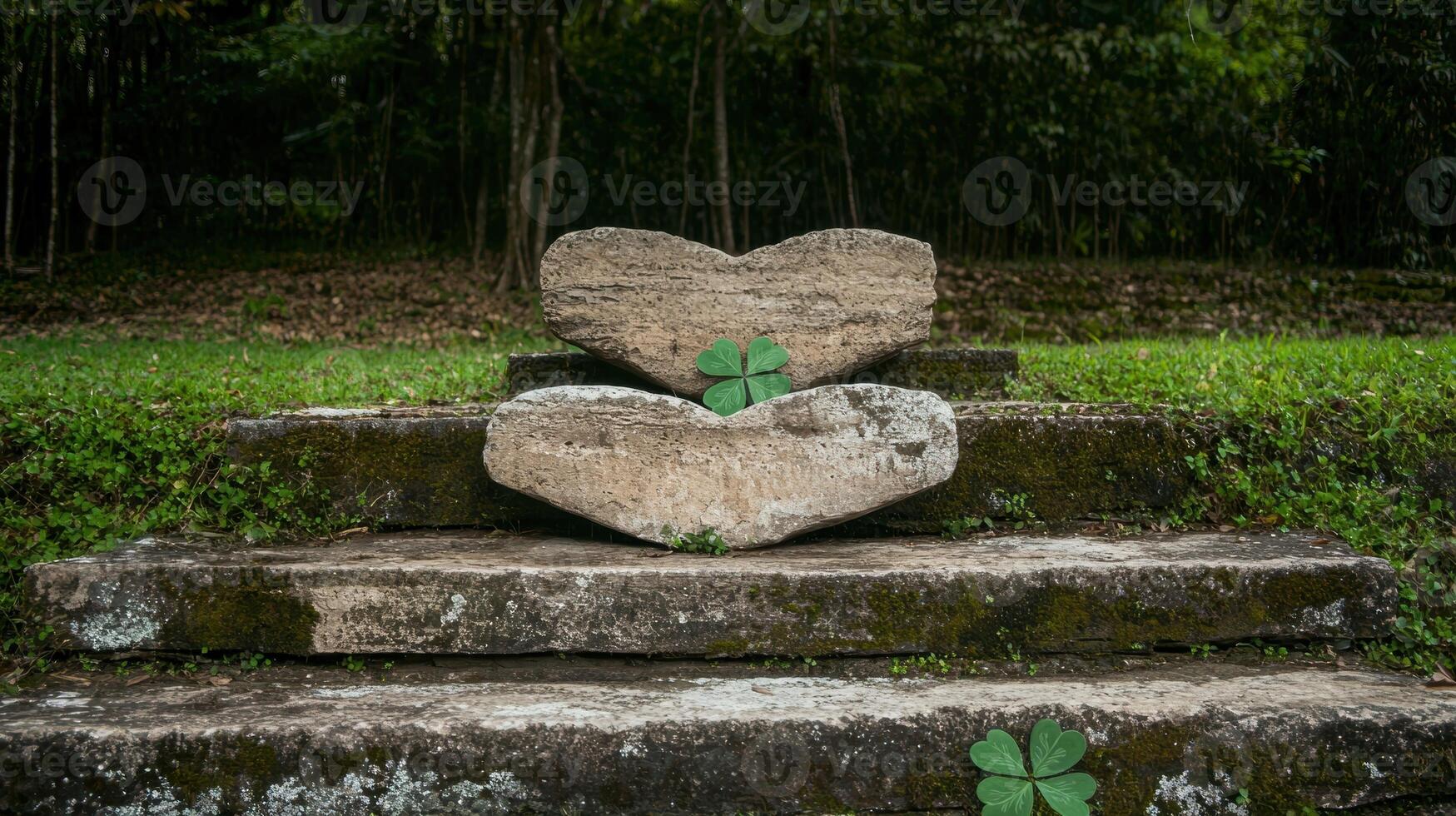 Stone hearts with clovers on mossy steps in a forest photo