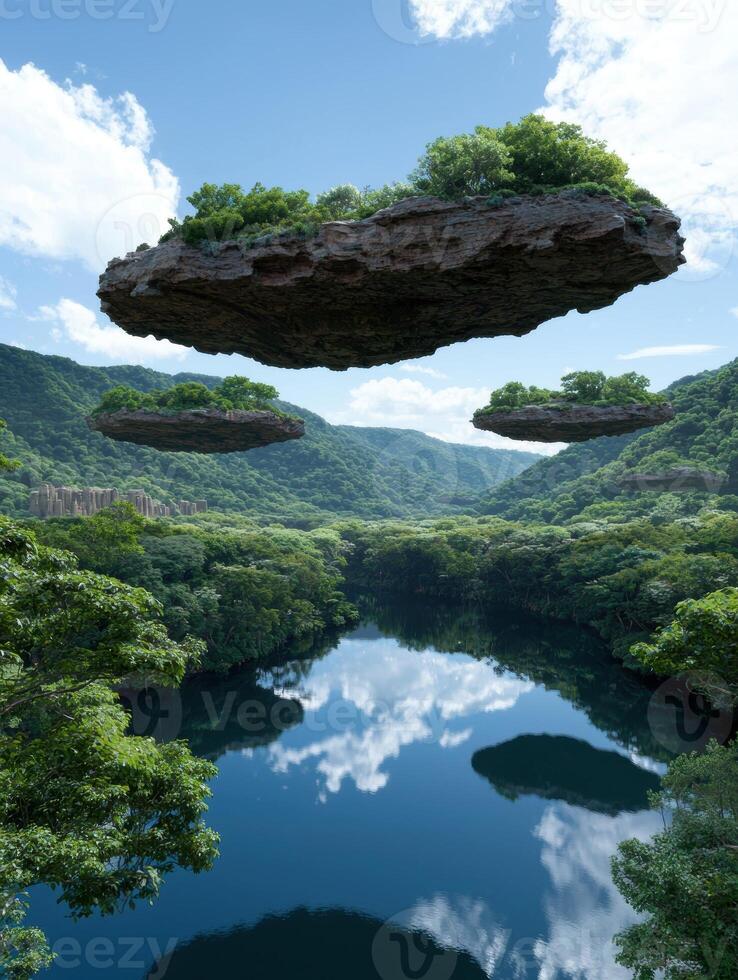 Floating islands over a lush green valley with a river reflecting the sky photo