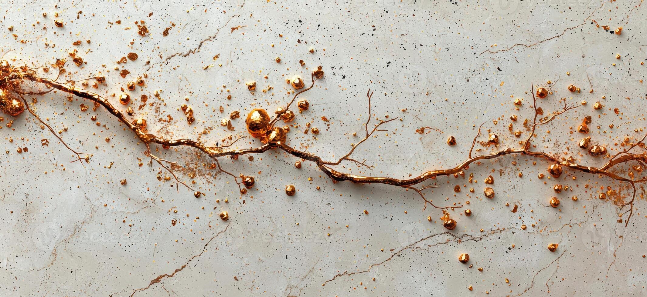 Golden branch with scattered droplets on a textured surface photo