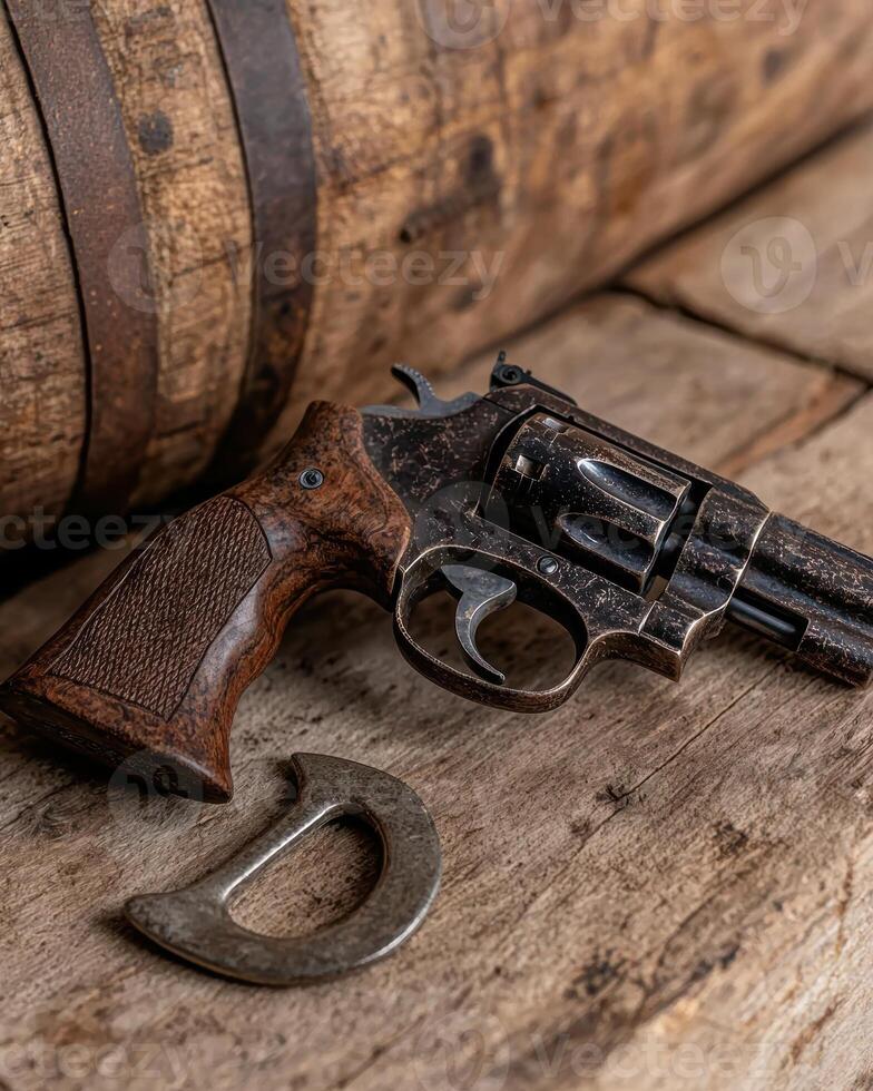 Antique revolver on a wooden surface with a barrel in the background photo